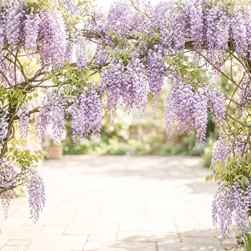 Blooming Wisteria Archway Over Sunny Patio