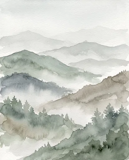 Misty Watercolor Mountain Ridges and Pines