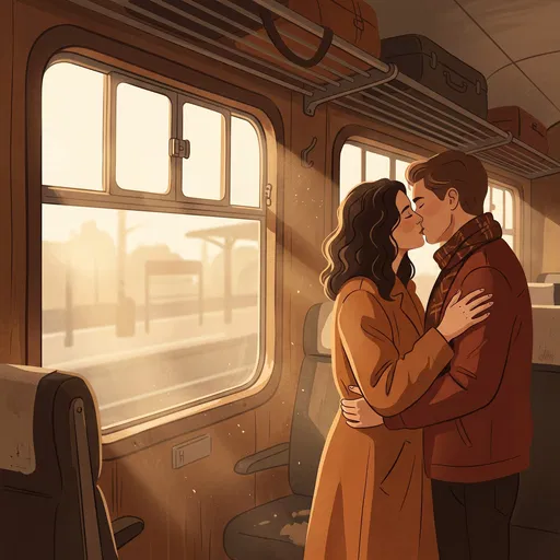 Couple Kissing Inside Vintage Train Carriage