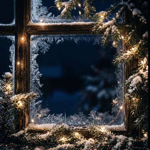 Frosty Window Frame With Christmas Lights
