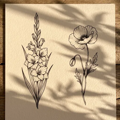 Gladiolus and Poppy Ink Drawings on Paper