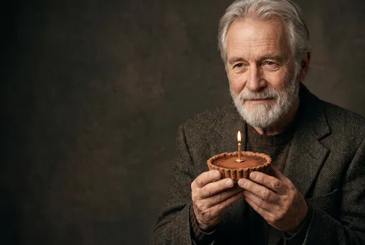 Senior Man Holding Birthday Chocolate Tart