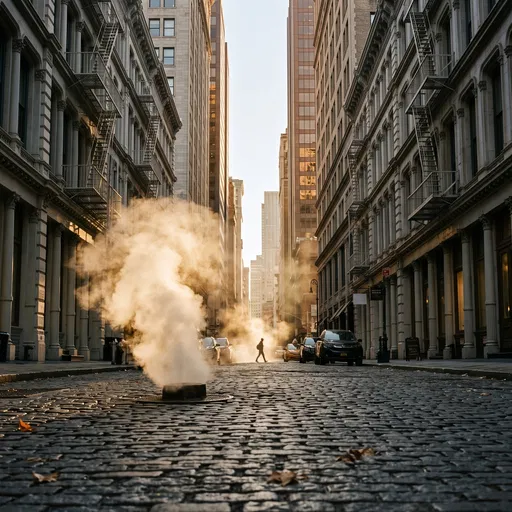 Morning Steam on Cobblestone Manhattan Street