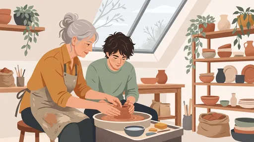 Older Woman Teaching Young Man Pottery