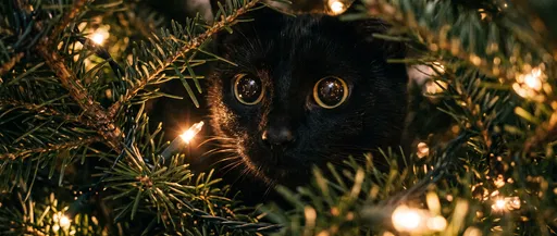 Black Cat Peering Through Christmas Tree Lights