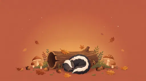 Sleeping Skunk Beside Autumn Hollow Log
