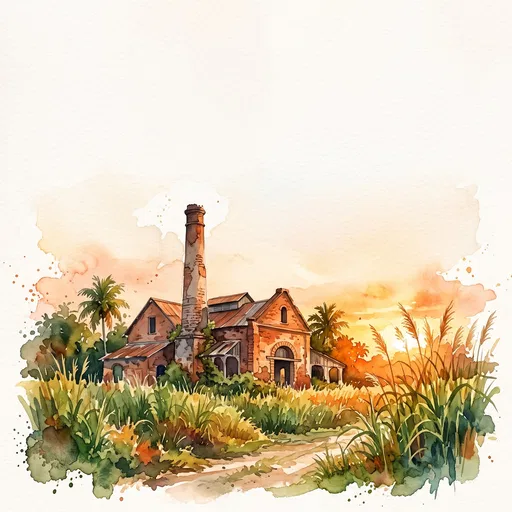 Watercolor Historic Brick Sugarcane Mill at Sunset
