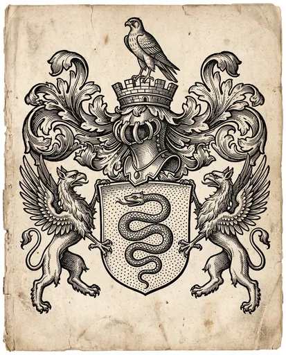 Antique Heraldic Woodcut with Griffins and Serpent