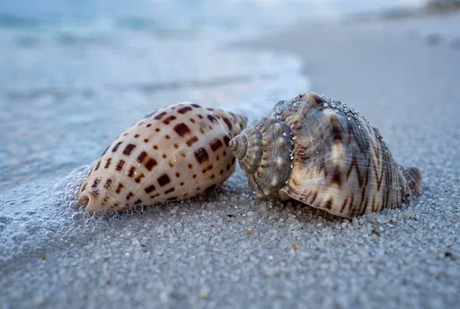 Two Patterned Seashells on Wet Beach Sand