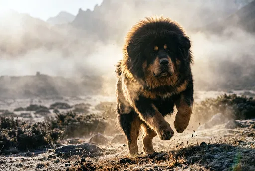 Tibetan Mastiff Running in Misty Mountains