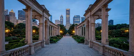Classical Park Colonnade Framing Chicago Skyline