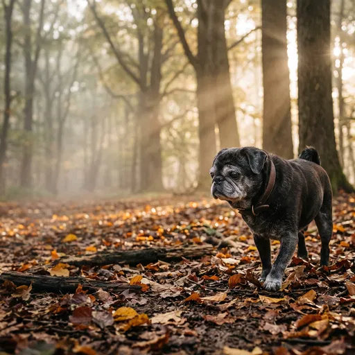 Senior Black Pug in Autumn Forest