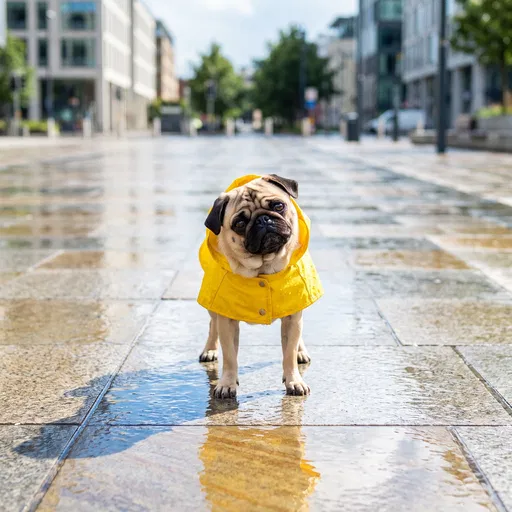 Fawn Pug in Yellow Raincoat Outdoors