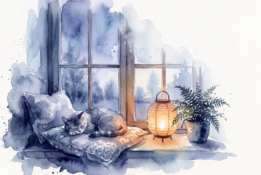 Watercolor Cat Sleeping by Dawn Window