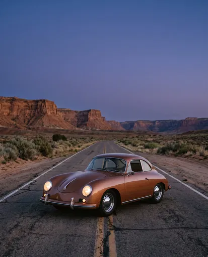 Copper Vintage Coupe on Desert Road