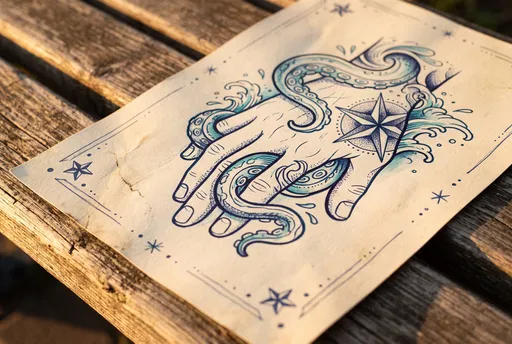 Nautical Hand Tattoo Flash Sheet on Bench