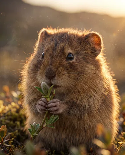 Backlit Brown Lemming Holding Green Shoot