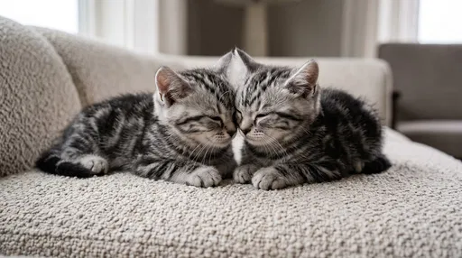 Two Silver Tabby Kittens Cuddling on Sofa