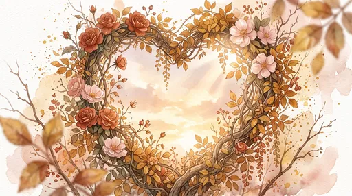Watercolor Floral Heart Archway at Sunset