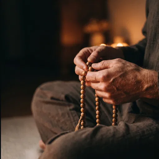 Hands Holding Wooden Mala Prayer Beads