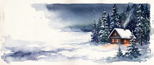 Watercolor Winter Cabin in Snowy Forest