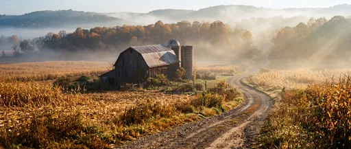 Misty Autumn Farm and Winding Dirt Road