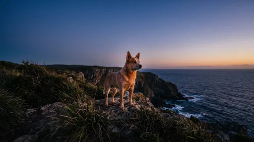 Red Heeler on Coastal Cliff at Twilight