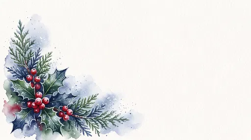 Watercolor Frosted Holly and Cedar Corner
