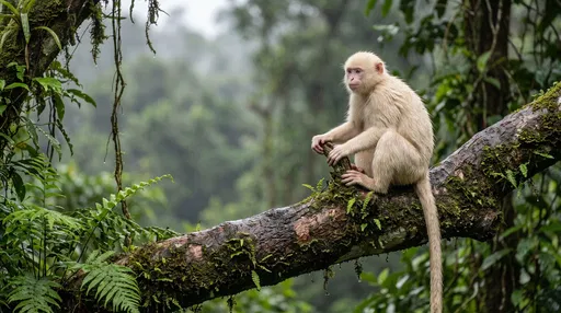 Albino Monkey on Wet Mossy Branch