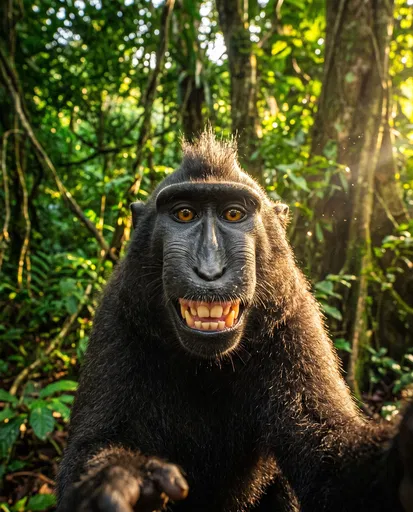 Smiling Crested Black Macaque Jungle Selfie