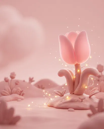 Stylized Pink Clay Tulip with Fairy Lights