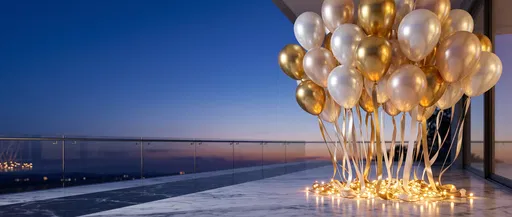 Gold and White Balloons on Twilight Terrace