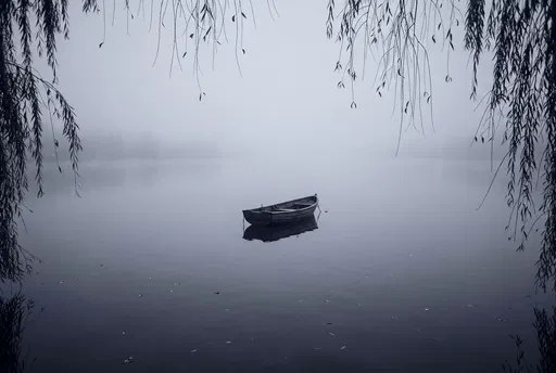 Lone Wooden Rowboat on Misty Lake