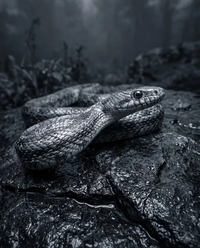 Monochrome Snake Coiled on Wet Rock