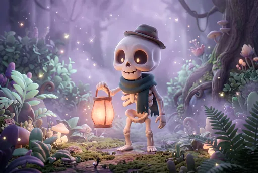 Cute Cartoon Skeleton Holding Glowing Lantern