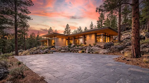 Modernist Rammed-Earth Forest Home at Sunset