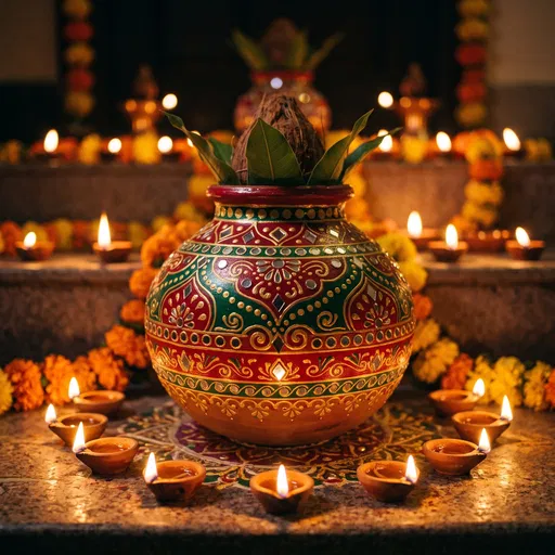 Ornate Indian Kalash Pot and Lamps