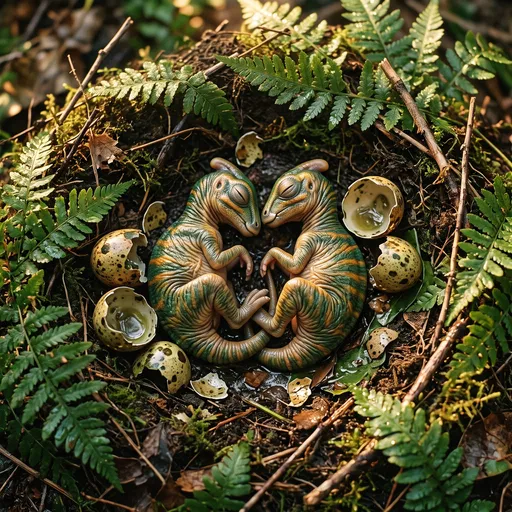 Two Baby Dinosaurs Sleeping in Nest