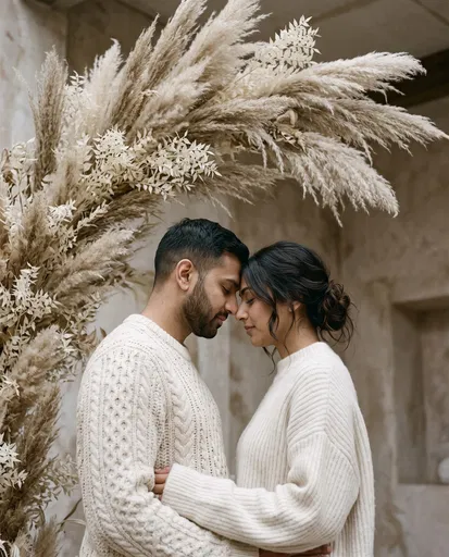 Couple Embracing Under Dried Floral Arch