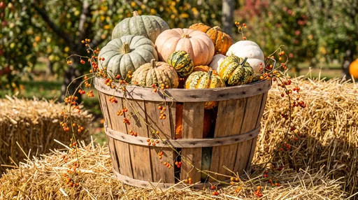Bushel Basket of Autumn Heirloom Pumpkins