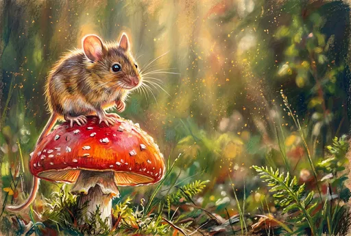Illustration of Mouse Perched on Red Toadstool
