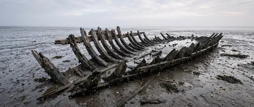 Weathered Wooden Shipwreck Ribs on Mudflats