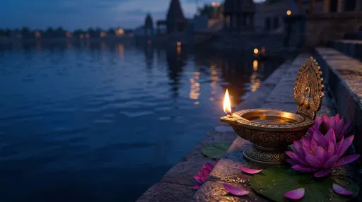 Lit Brass Diya Lamp by Temple Pond
