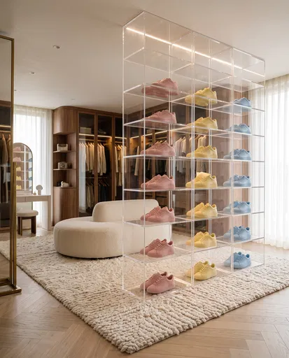 Pastel Sneakers on Acrylic Closet Shelves
