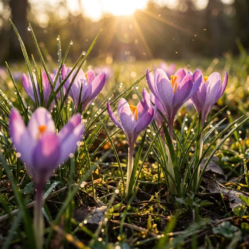 Purple Crocuses in Golden Morning Sunlight