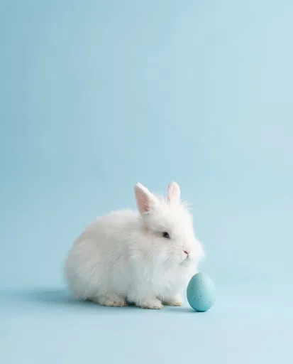 Fluffy White Bunny With Blue Easter Egg