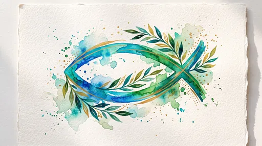 Watercolor Christian Fish Symbol With Olive Branches