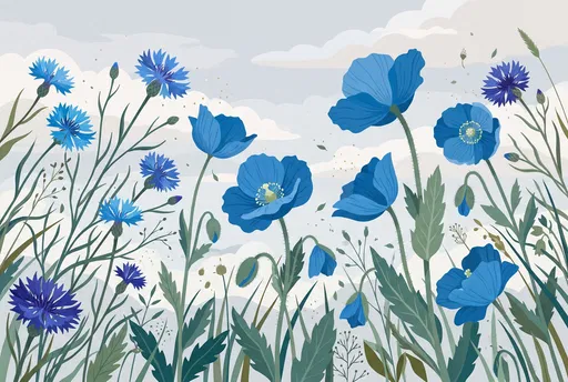 Blue Poppies and Cornflowers Botanical Illustration
