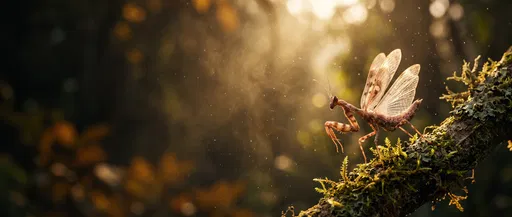 Winged Mantis on Mossy Branch