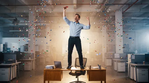 Office Worker Celebrating on Desk with Stapler